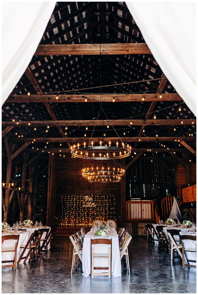 Barn reception setting at Olympias Valley Estate by Sonoma County Wedding Photographer Kimberly Macdonald