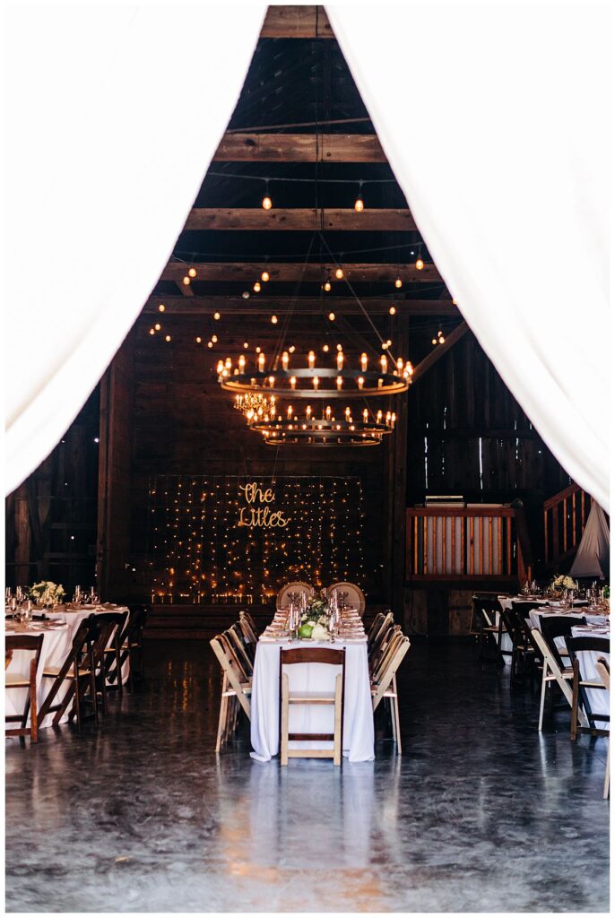Barn reception setting at Olympias Valley Estate by Sonoma County Wedding Photographer Kimberly Macdonald