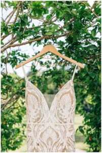 wedding dress hanging at dreams tulum resort wedding