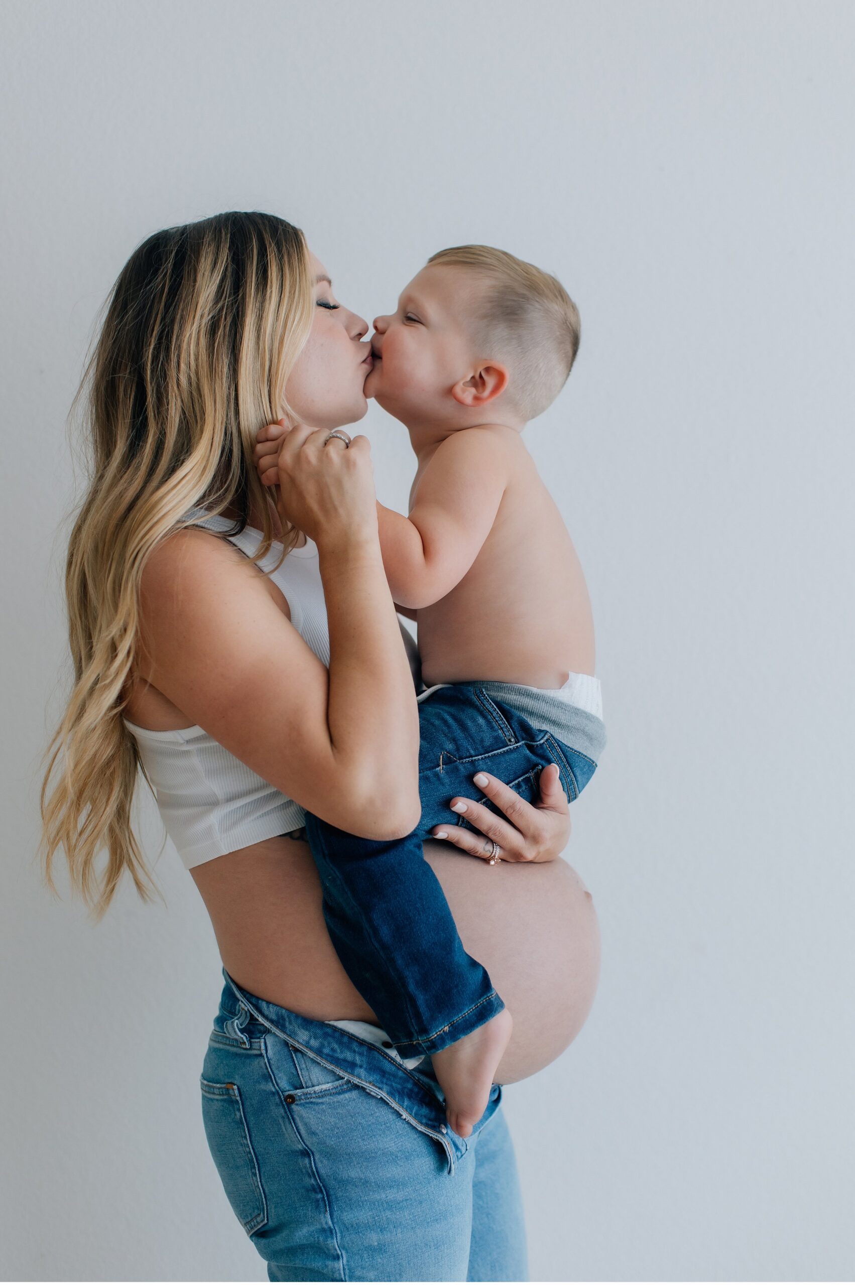 mom and son during in studio maternity session